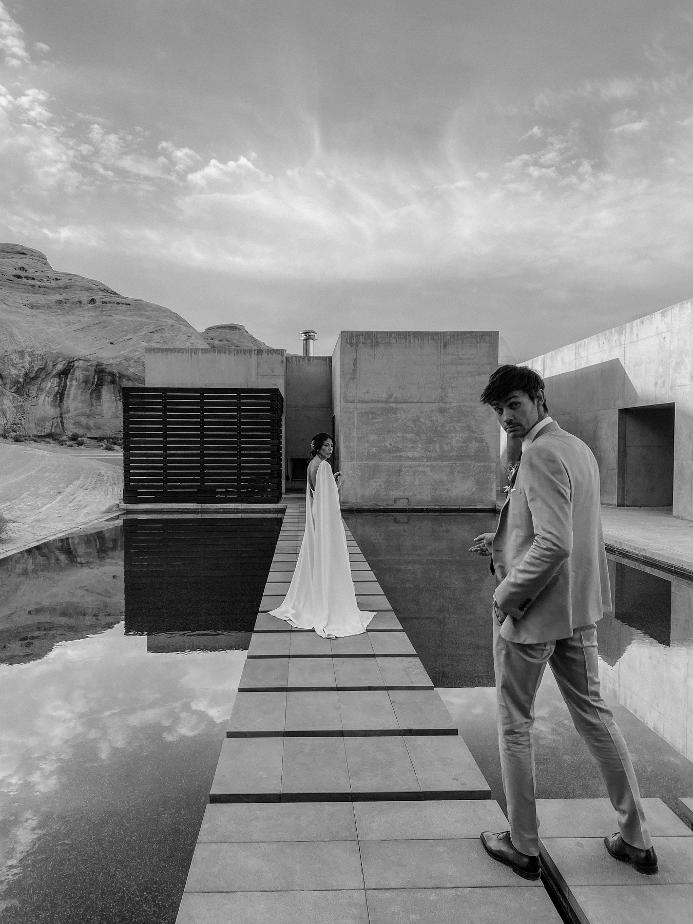 Amangiri Resort Wedding shows bride and groom on famous architecture